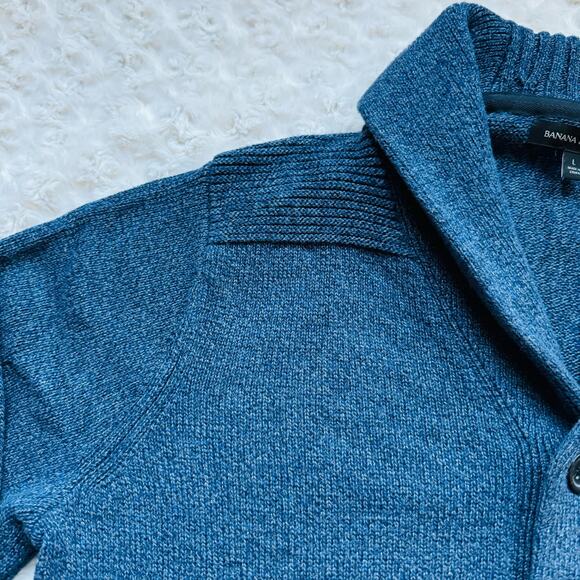 Banana Republic Mens Cotton Slub Shawl Texture Yoke Heather Blue Button Cardigan - Picture 4 of 10